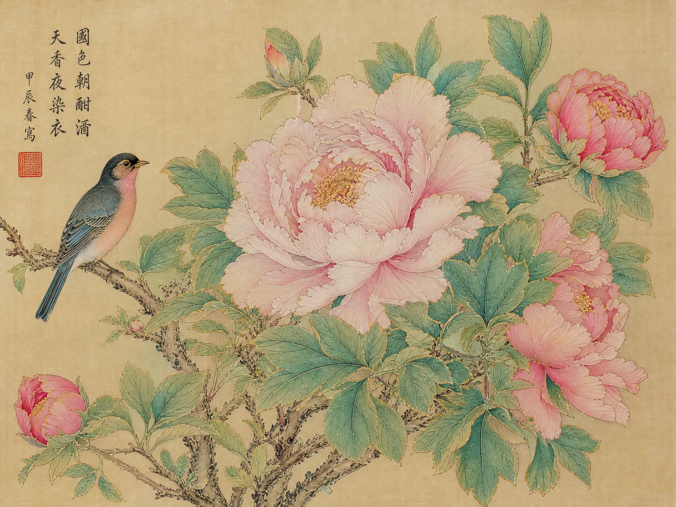 每日大赛工笔画金奖作品《国色天香图》高清大图